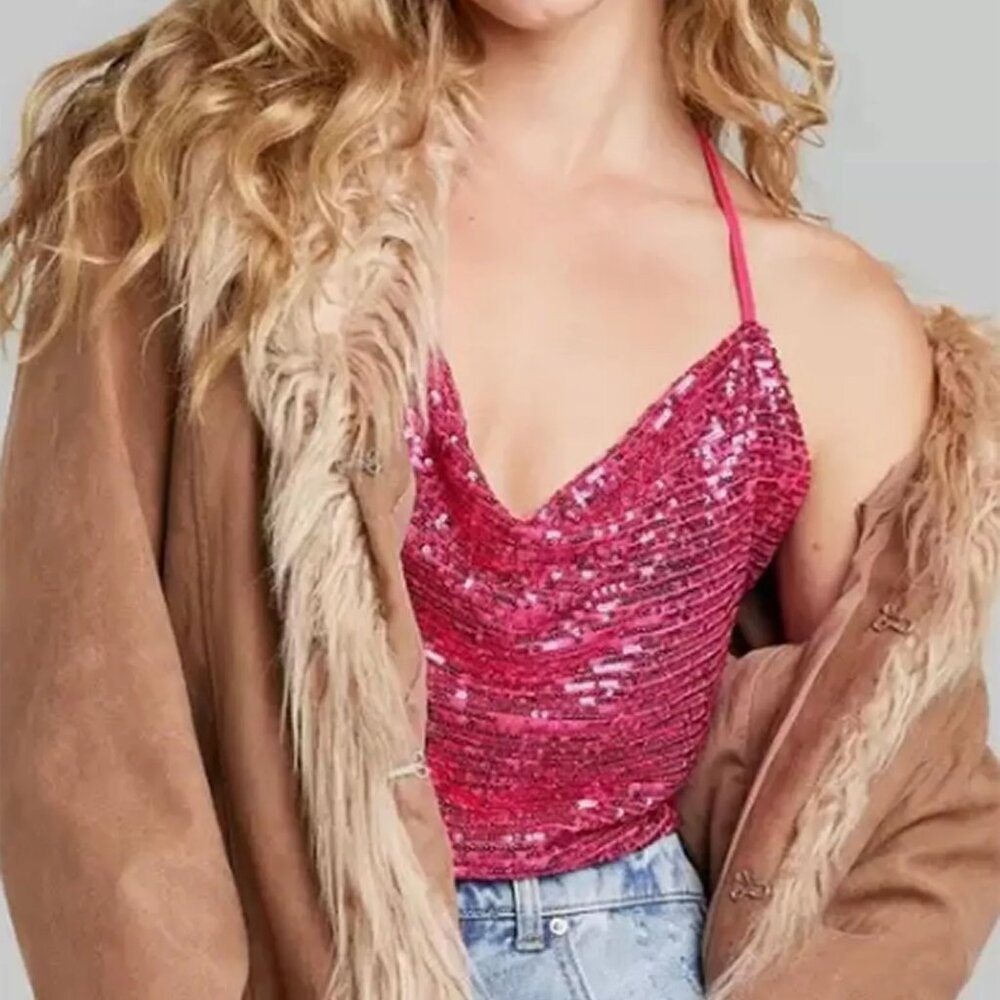 NWT Wild Fable Women's Sequin Halter Tank Top Tie in Back Magenta Size Small